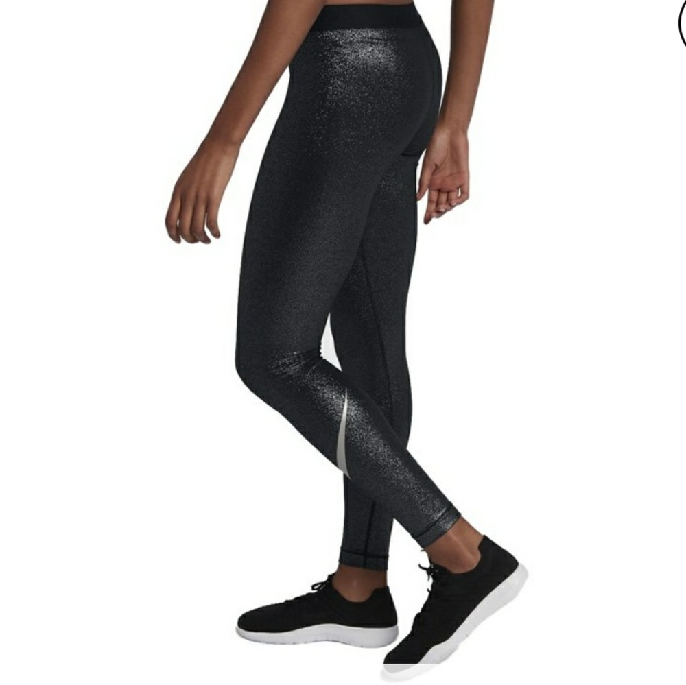 Nike Womens Pro Cool Dri-Fit Sparkle Swoosh Tight Pants Silver/Black Medium